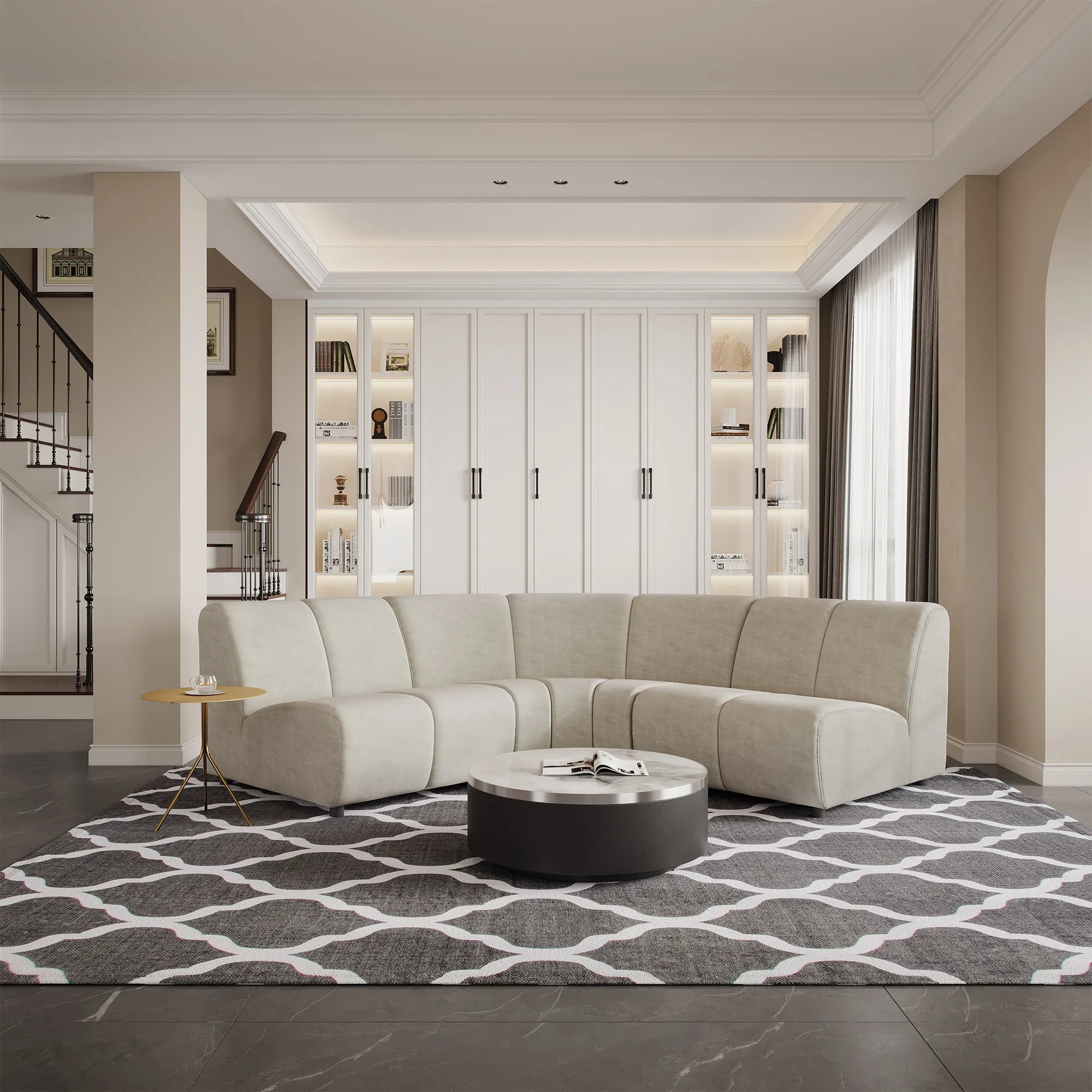 Rust-colored deep seat sofa with plush cushions and textured pillows, set against a gray wall with a mirror and holiday reflection.