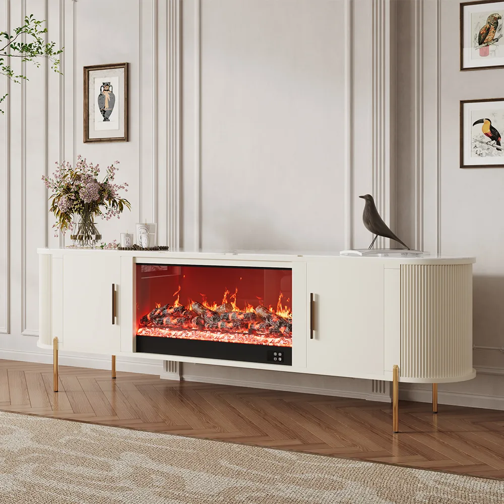 Close-up of mid-century walnut electric fireplace TV stand with artistic geometric patterns and glowing LED firebox.