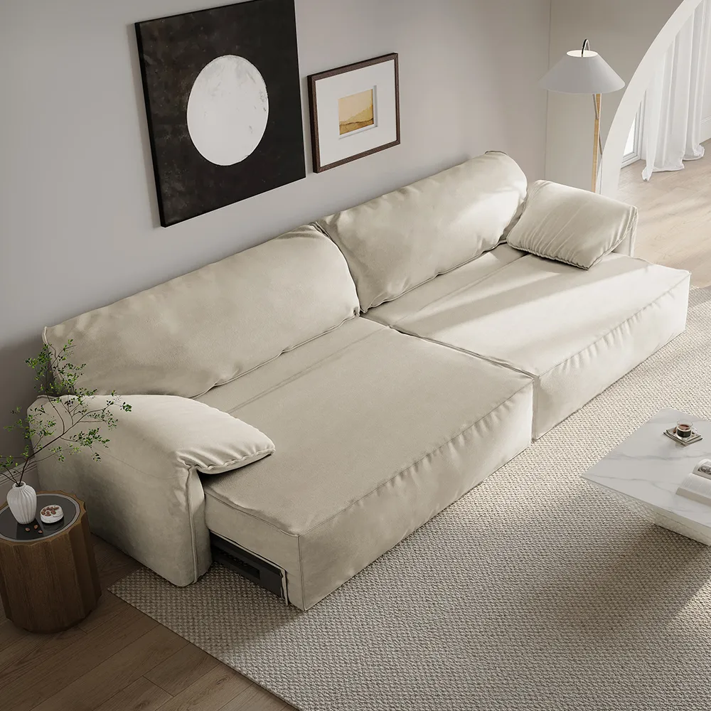 Convertible beige sectional power sofa bed with electric pull-out sleeper design in modern minimalist interior