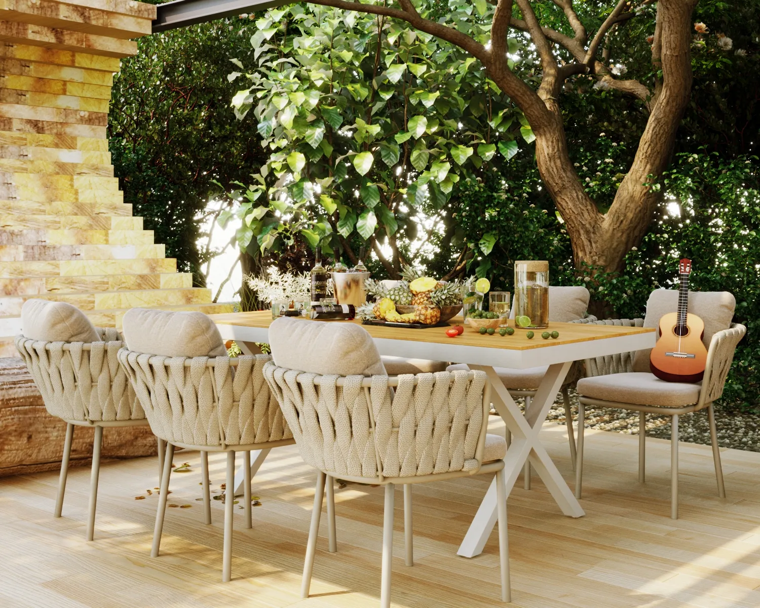 Outdoor dining setup with rope-woven cushioned chairs and a wooden table under lush green trees.