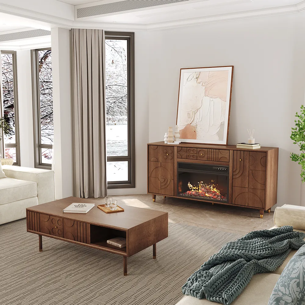 Mid-century living room with white sofas and walnut electric fireplace TV stand featuring carved geometric doors and realistic LED flame effects.