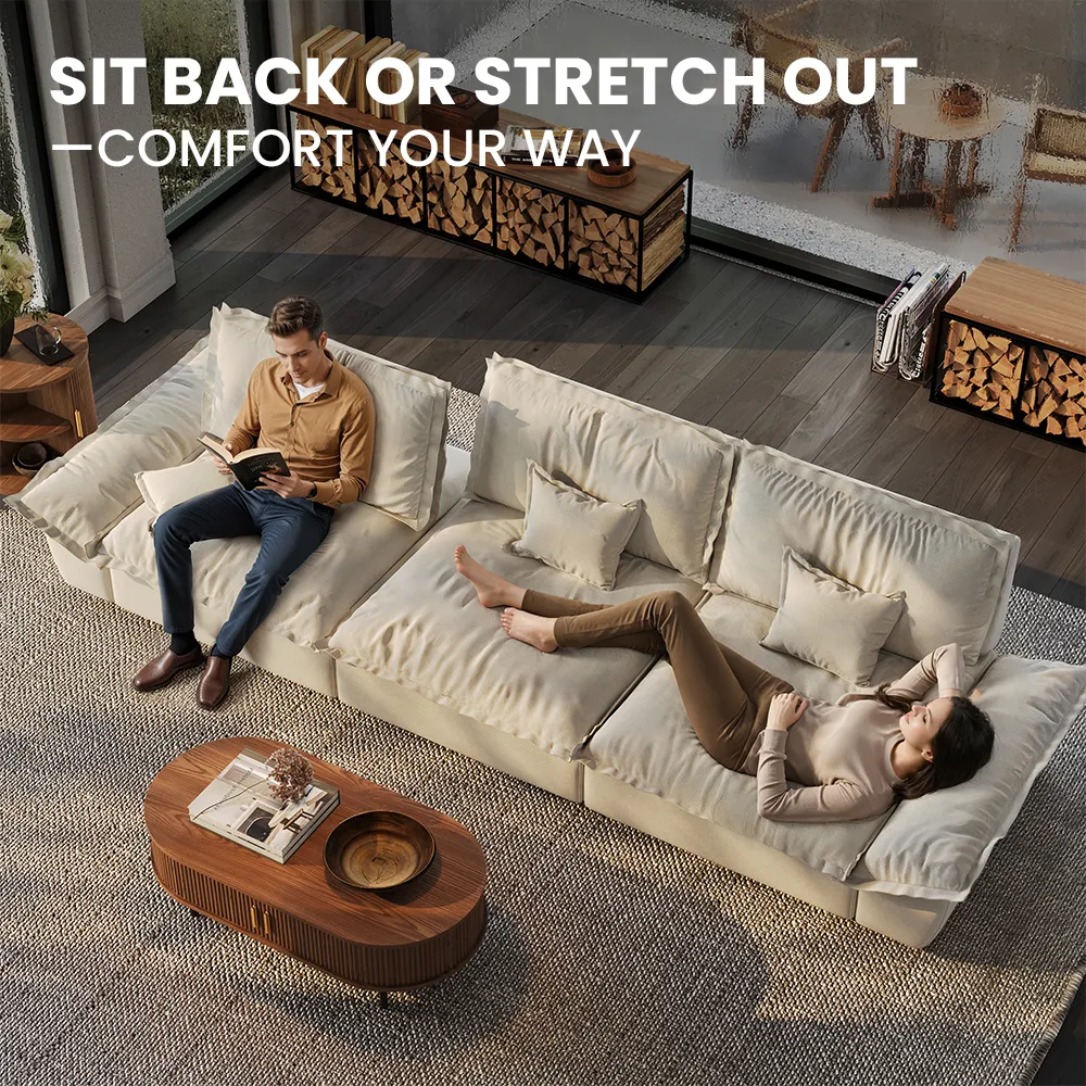 Modern beige sectional sofa with deep cushions, featuring a man reading and a woman relaxing, styled in a cozy living room with wood and neutral accents.