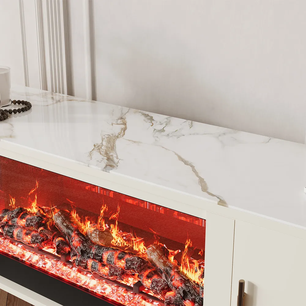 Close-up of a white sintered stone TV stand top with realistic electric fireplace flame and glowing logs