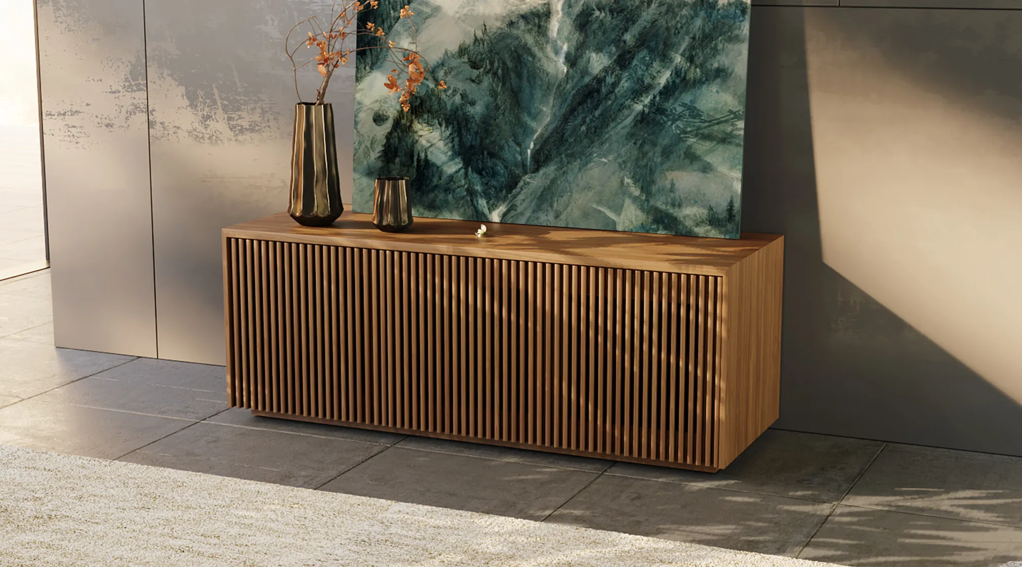 Minimalist wooden slatted TV cabinet or sideboard with vertical fluted doors, styled with abstract artwork and ceramic vases in a sunlit modern interior.