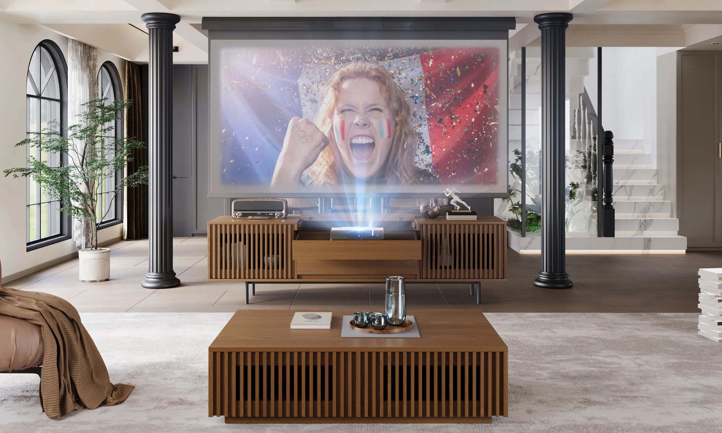 Modern home theater setup with a wooden projector TV stand, center coffee table, and large projection screen showing a cheering sports fan