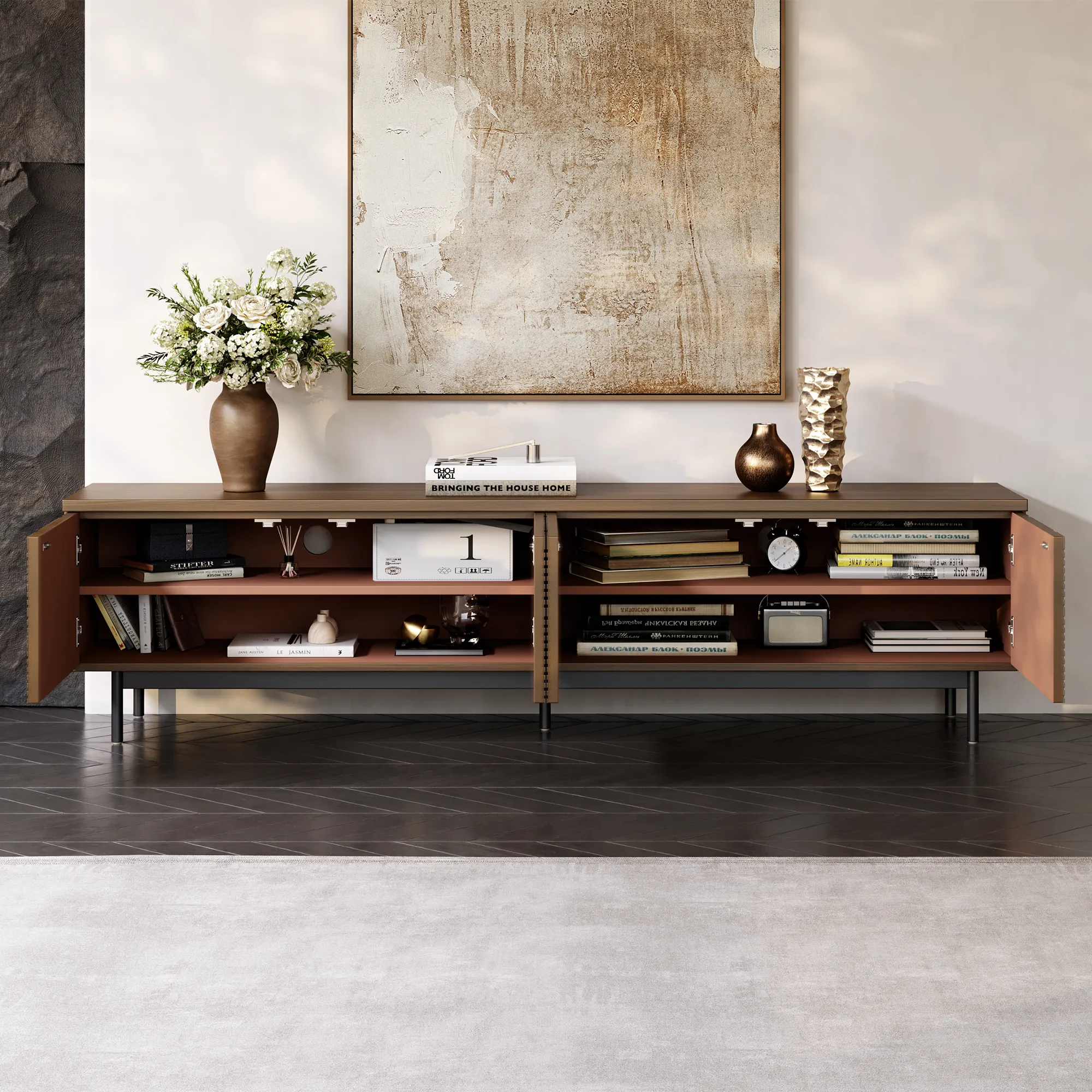 Modern wooden TV stand with open storage compartments revealing books and home accessories