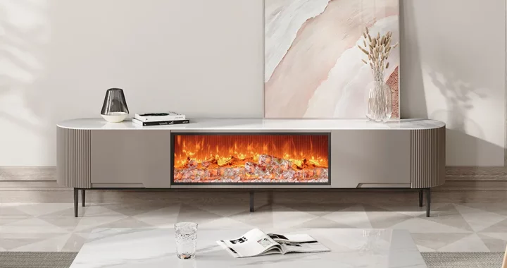 Modern beige electric fireplace TV stand with matching marble-top coffee table, LED flame display, and elegant living room styling.