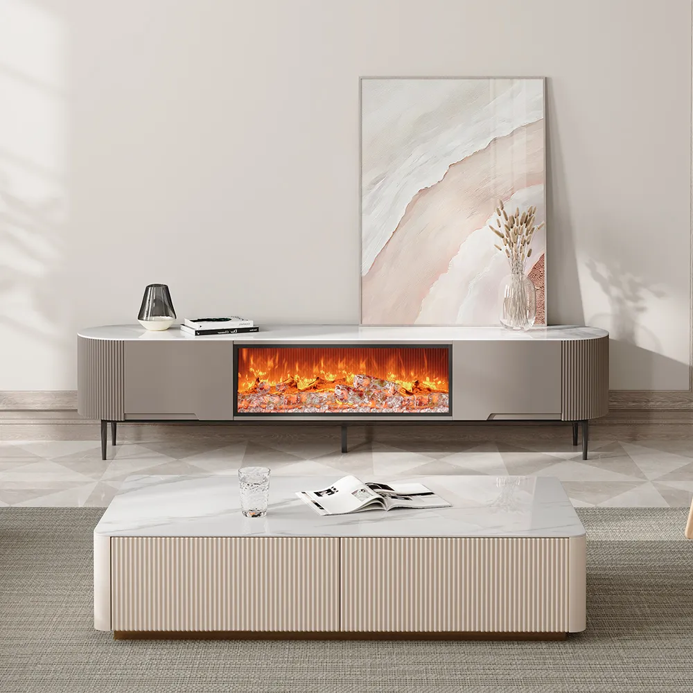Modern beige electric fireplace TV stand with matching marble-top coffee table, LED flame display, and elegant living room styling.