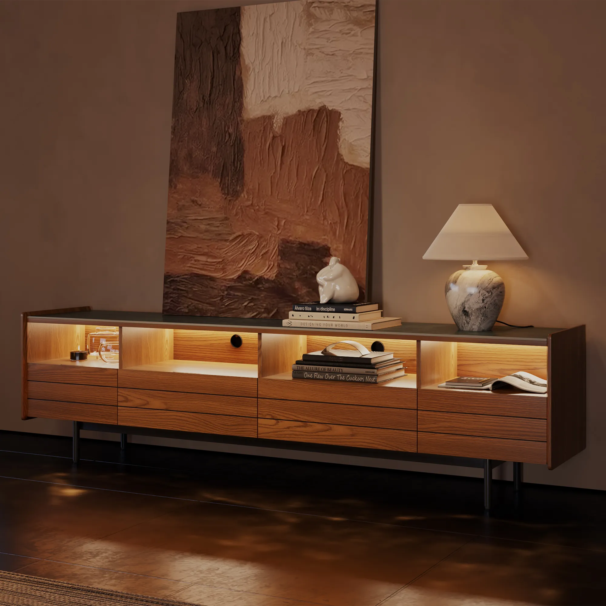 Wooden TV stand with open shelving and warm ambient LED lighting, ideal for cozy living rooms with evening ambiance