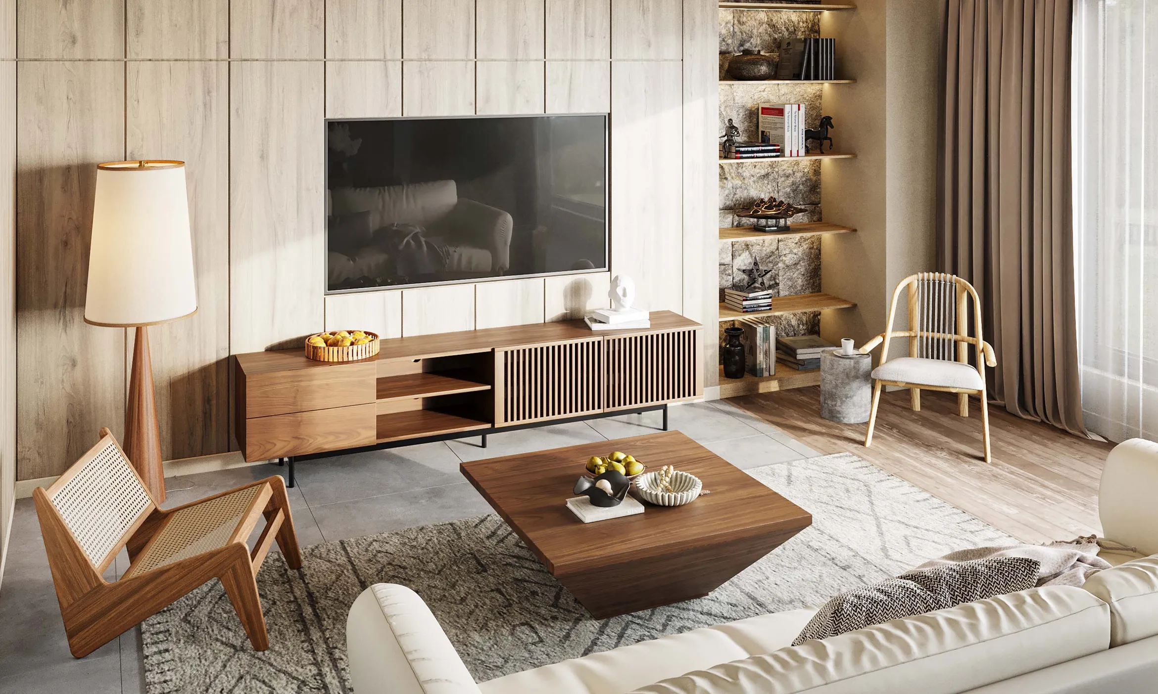 Bright contemporary living room featuring a wooden slatted TV stand, geometric coffee table, and natural wood accent furniture