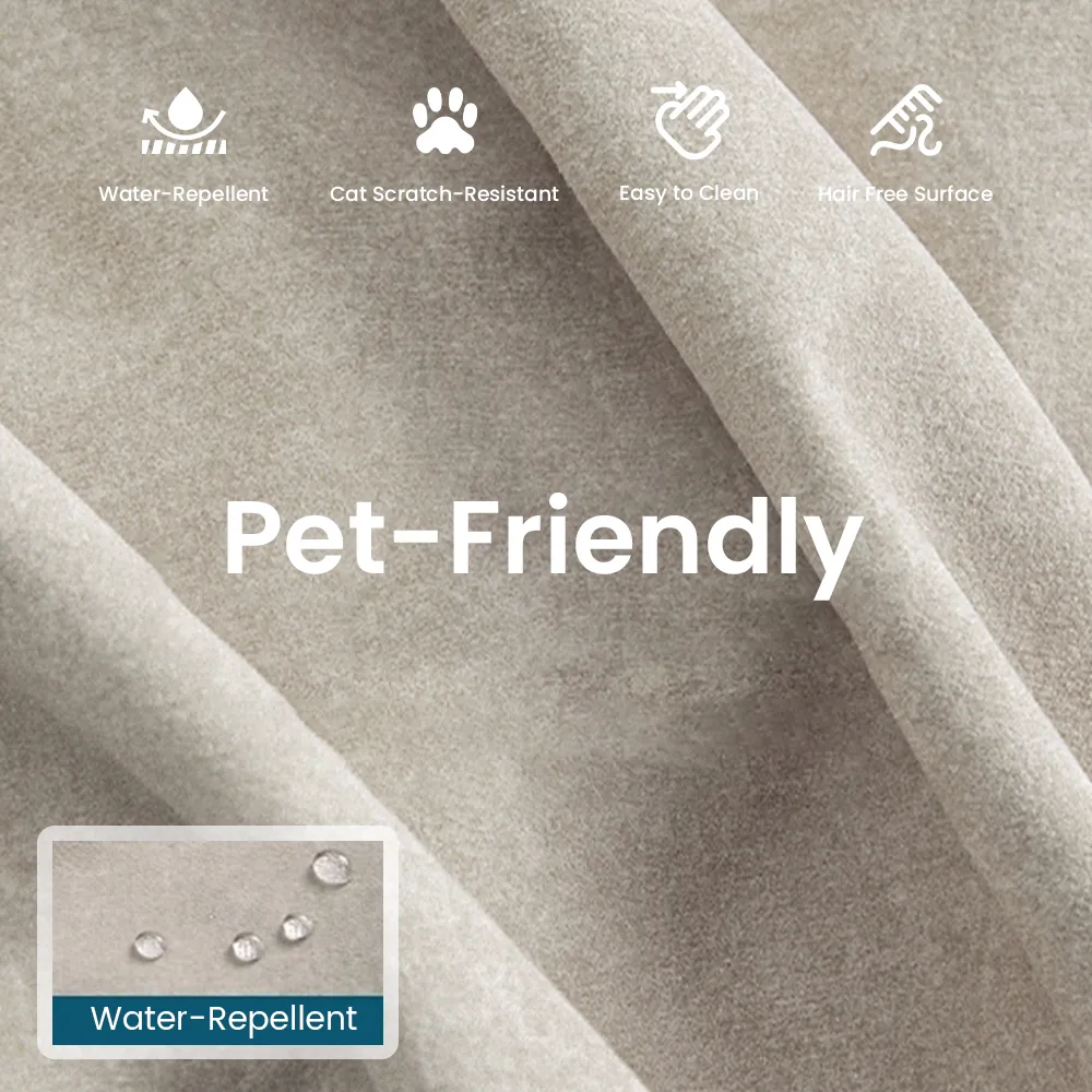 Close-up of beige pet-friendly upholstery fabric labeled as water-repellent, cat scratch-resistant, easy to clean, and hair-free surface.