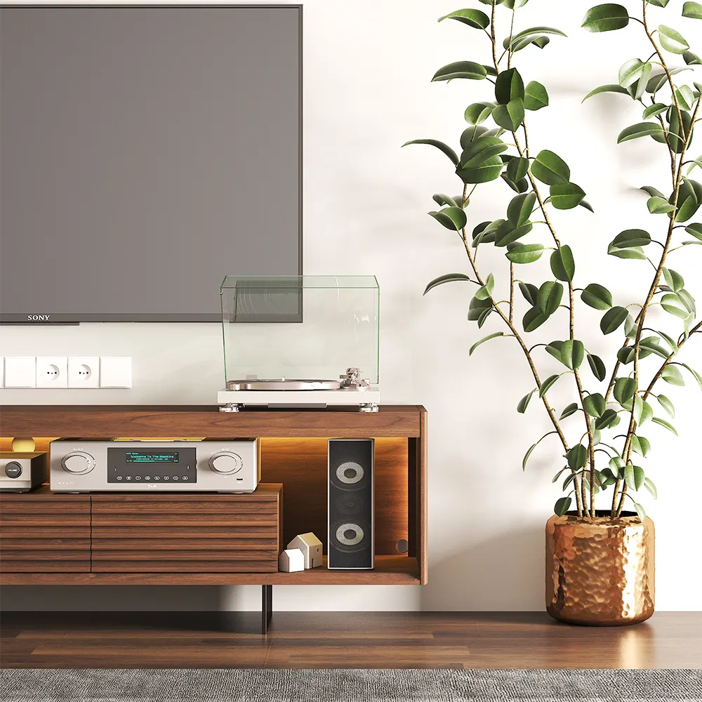Mid-century style wood TV stand with built-in speakers and turntable, accented by a tall rubber plant in a bronze planter.