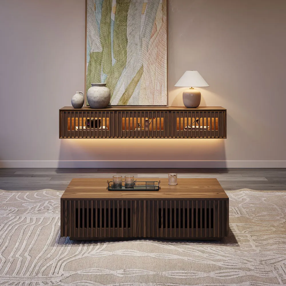 Modern living room with a walnut slatted floating TV console and matching coffee table, accented by warm LED lighting and decorative ceramics