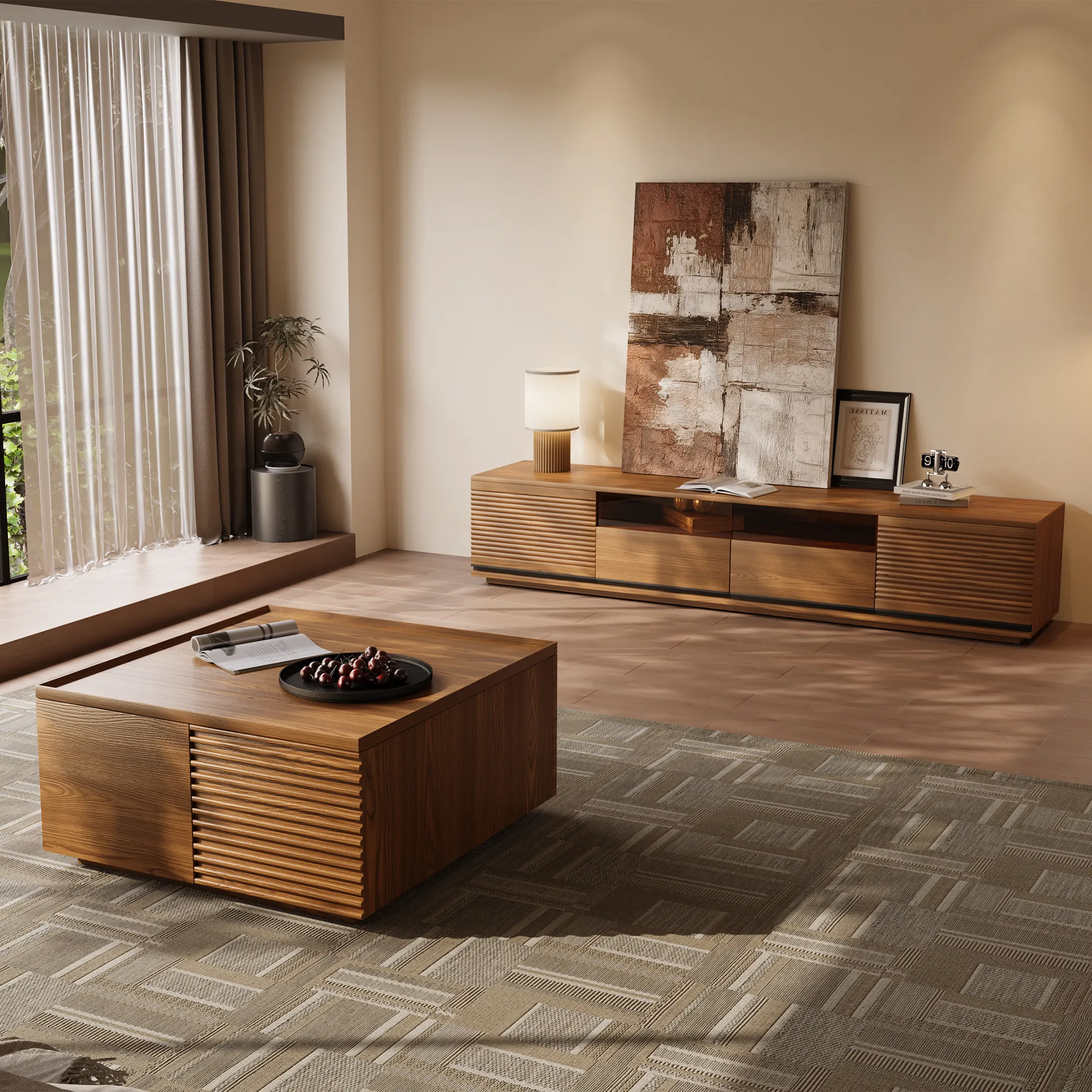 Modern wood coffee table and lowline TV stand with slatted detailing, placed in a warm-toned living room with floor-to-ceiling curtains.