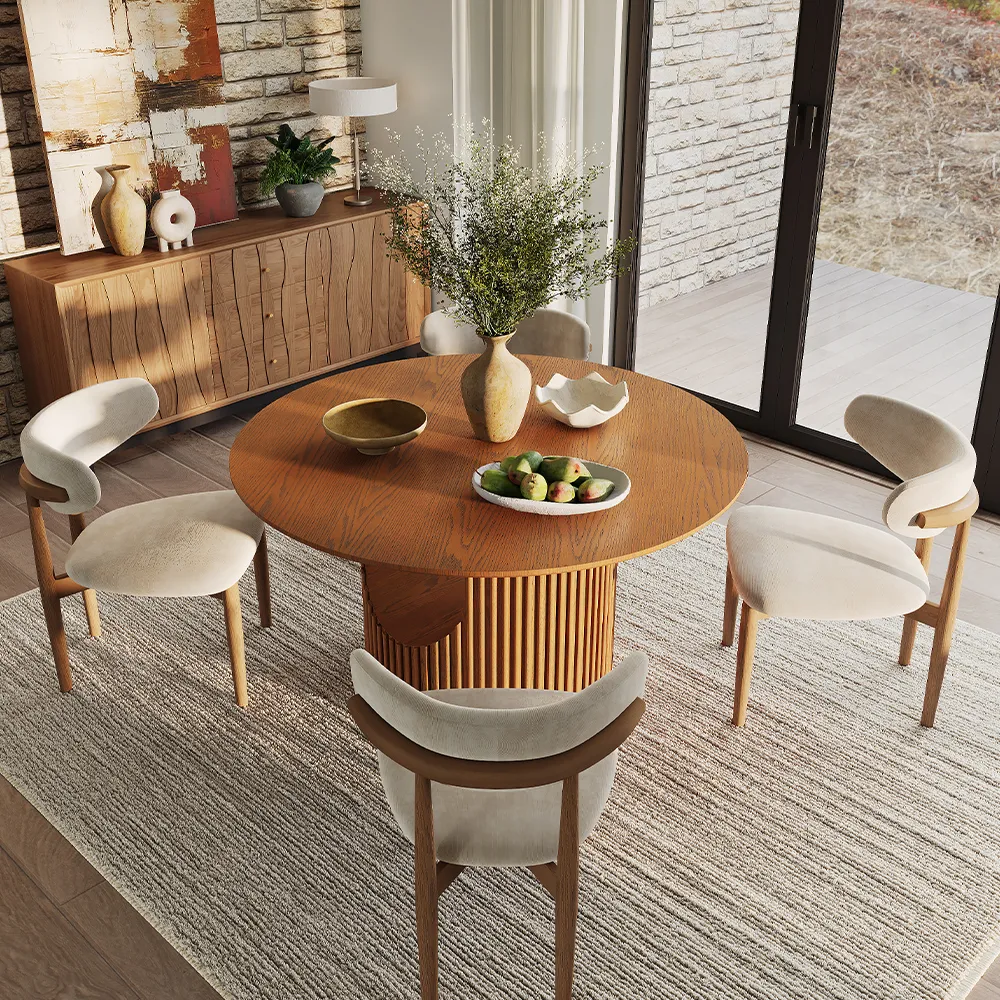 5-piece mid-century modern round dining table set with a white fluted base and matching beige upholstered chairs, perfect for cozy dining spaces.