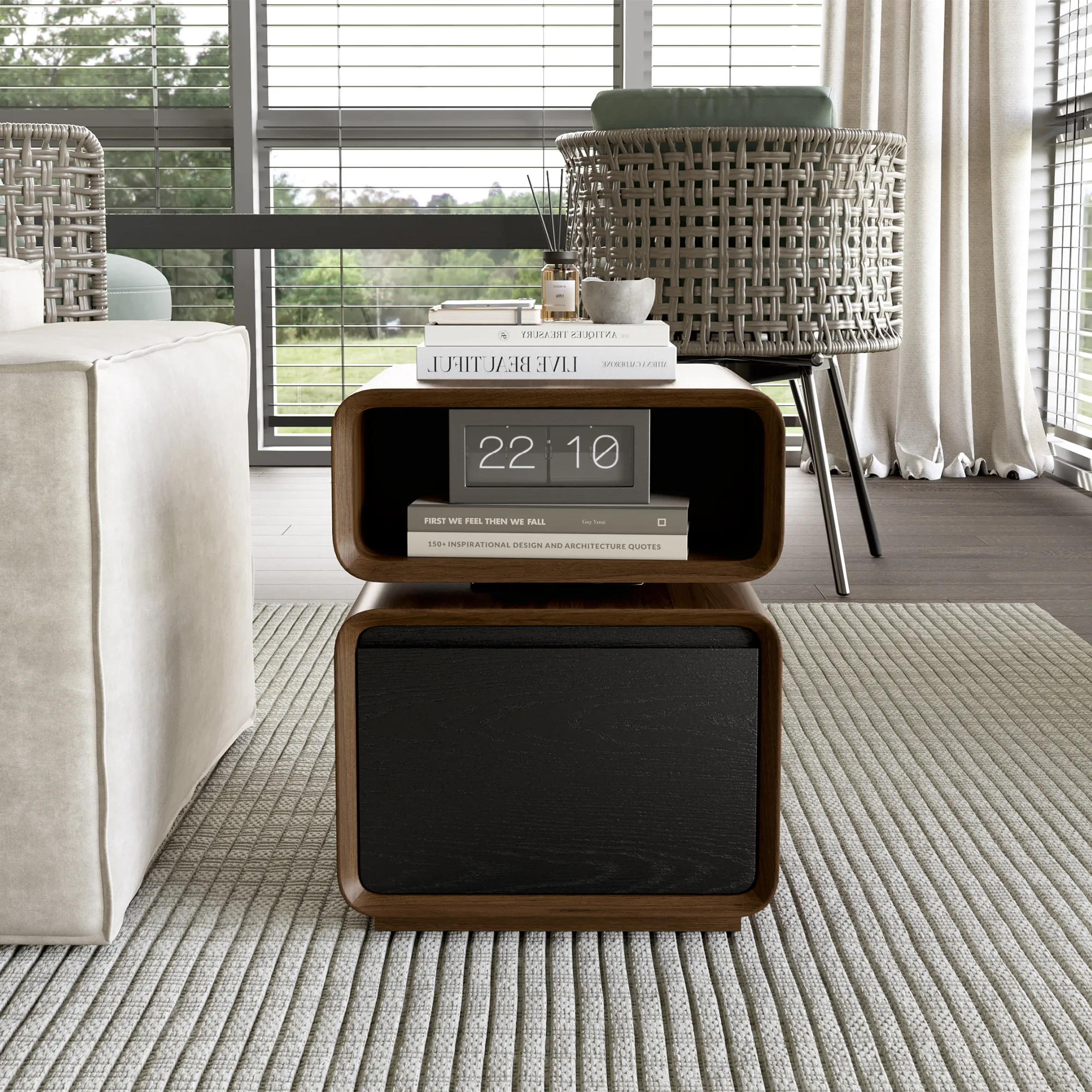 Modern minimalist walnut and black end tables with drawer in living room