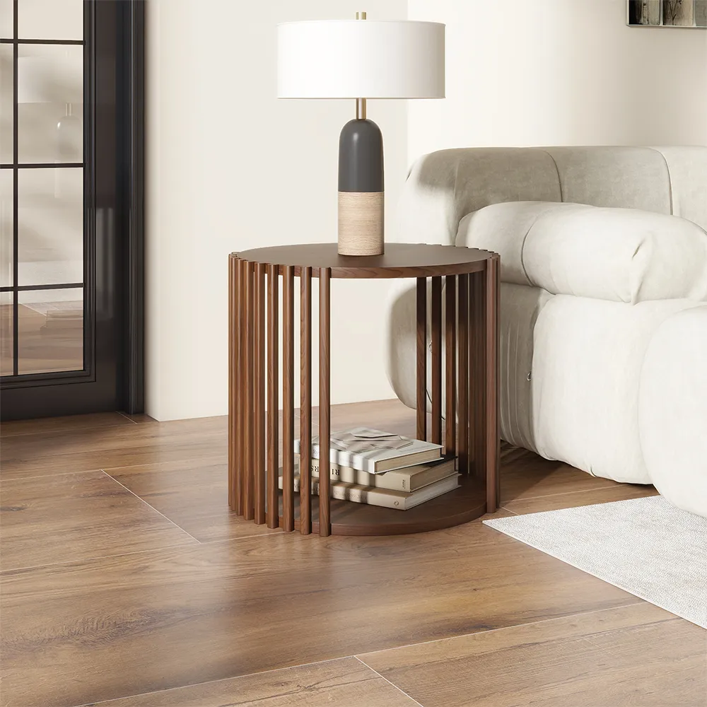 Mid-century modern living room with round coffee table and matching end tables