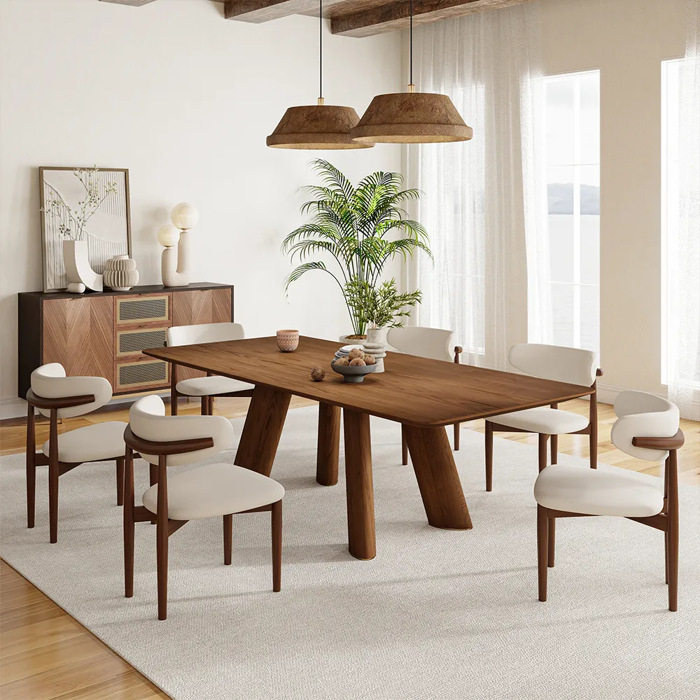 7-piece mid-century modern wood dining set featuring a rectangular fluted base table in warm walnut, paired with curved back chairs in creamy fabric, styled for a modern cottage look