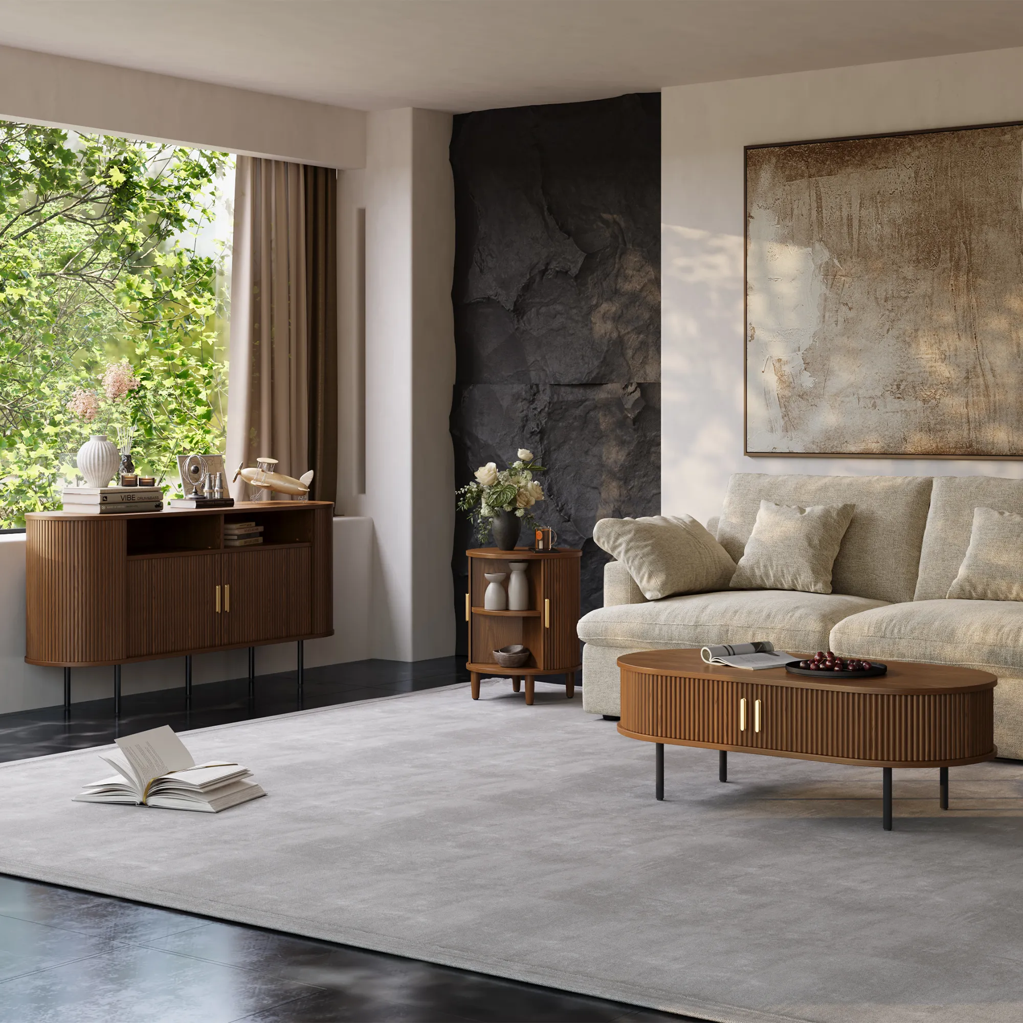 Mid-century modern living room featuring matching walnut side table, fluted coffee table, and sideboard in coordinated walnut finish.