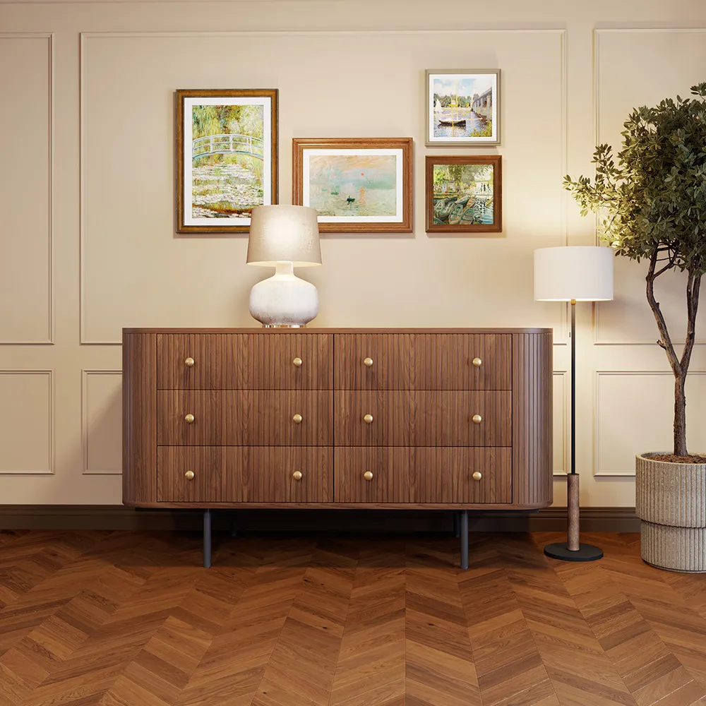 A 59-inch wide mid-century modern dresser with a smooth walnut finish and six hardware-free drawers, perfect for a minimalist bedroom.