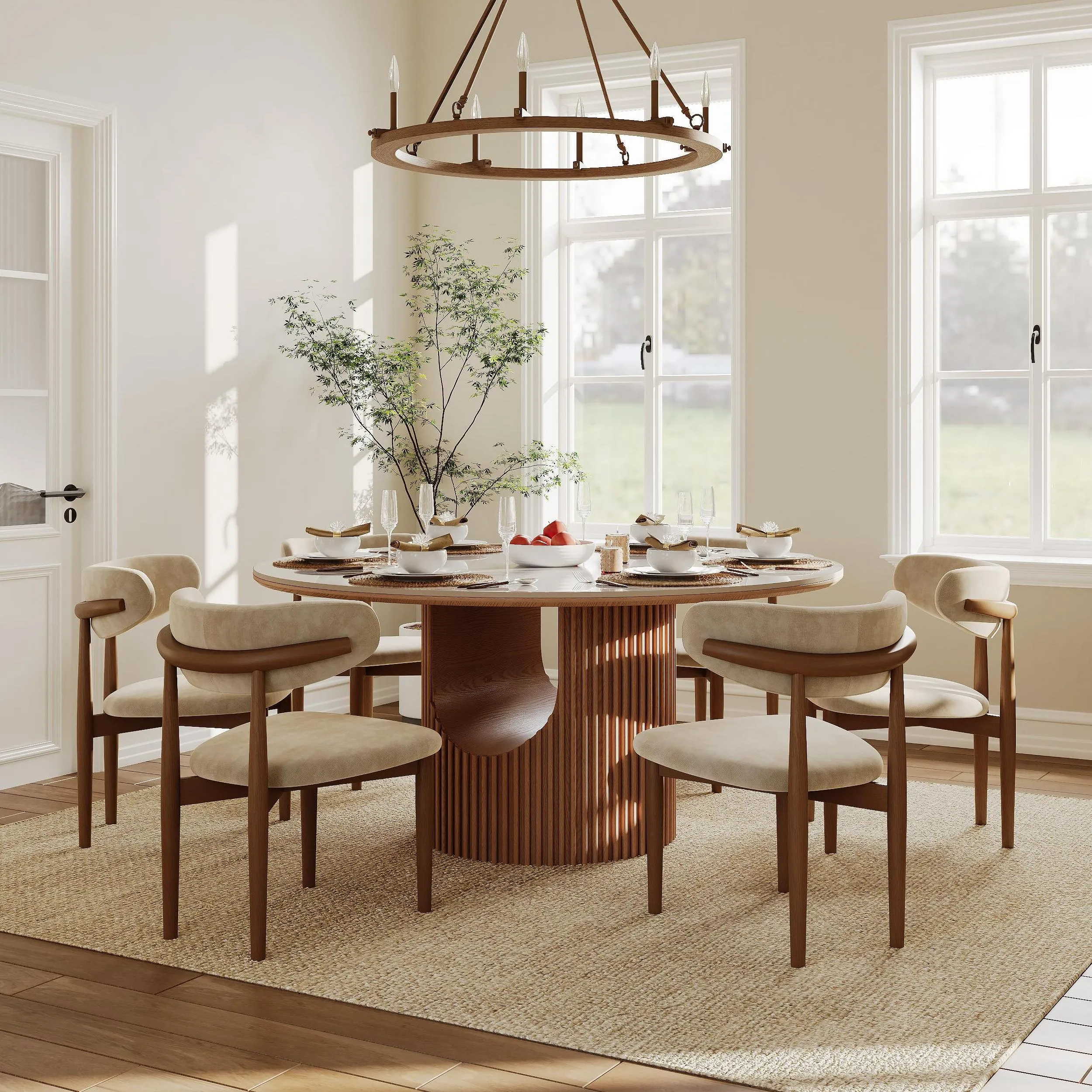 A pair of Silva mid-century modern dining chairs made from light ash wood with natural-colored burlap seats, showcasing their quality craftsmanship.