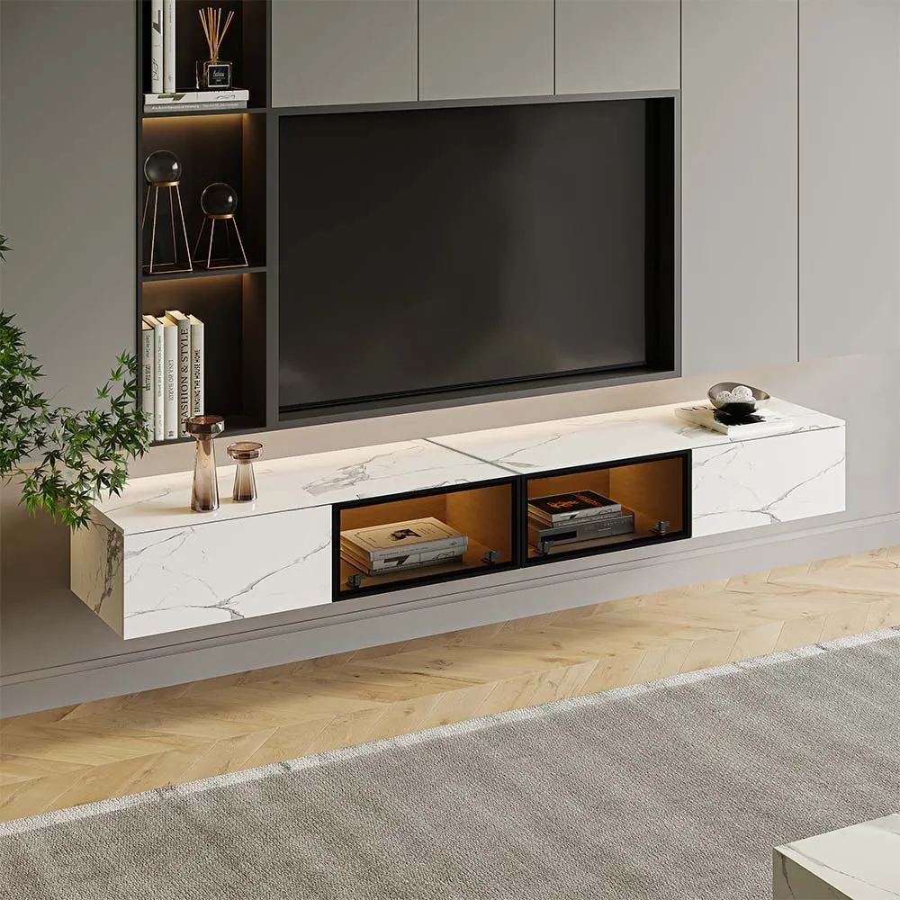 Wall-mounted marble TV stand with glass-front storage and built-in lighting in a modern minimalist living room