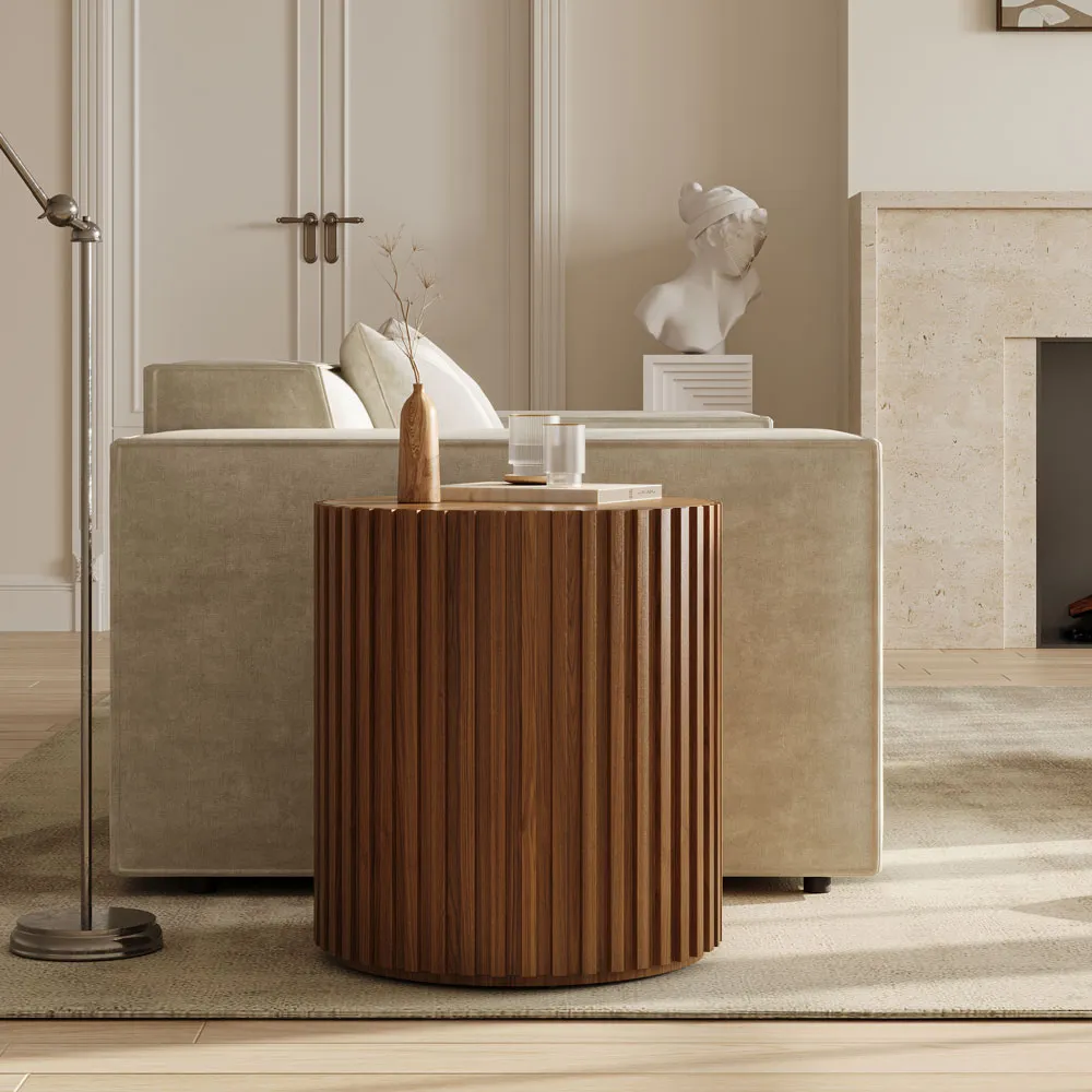 Mid-century modern fluted round end table in walnut finish with decorative top