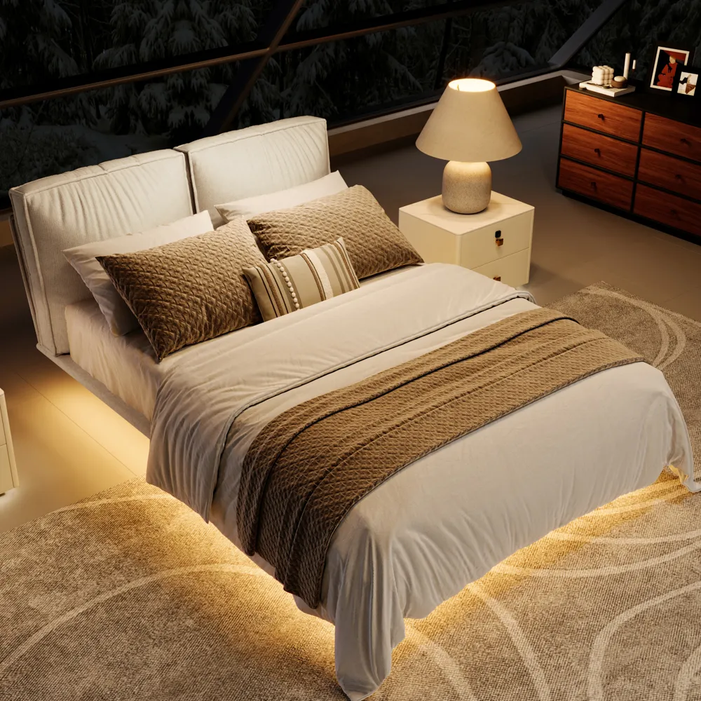 Contemporary queen size upholstered bed with smart underbed lighting, fabric headboard, and neutral bedding in a cozy bedroom