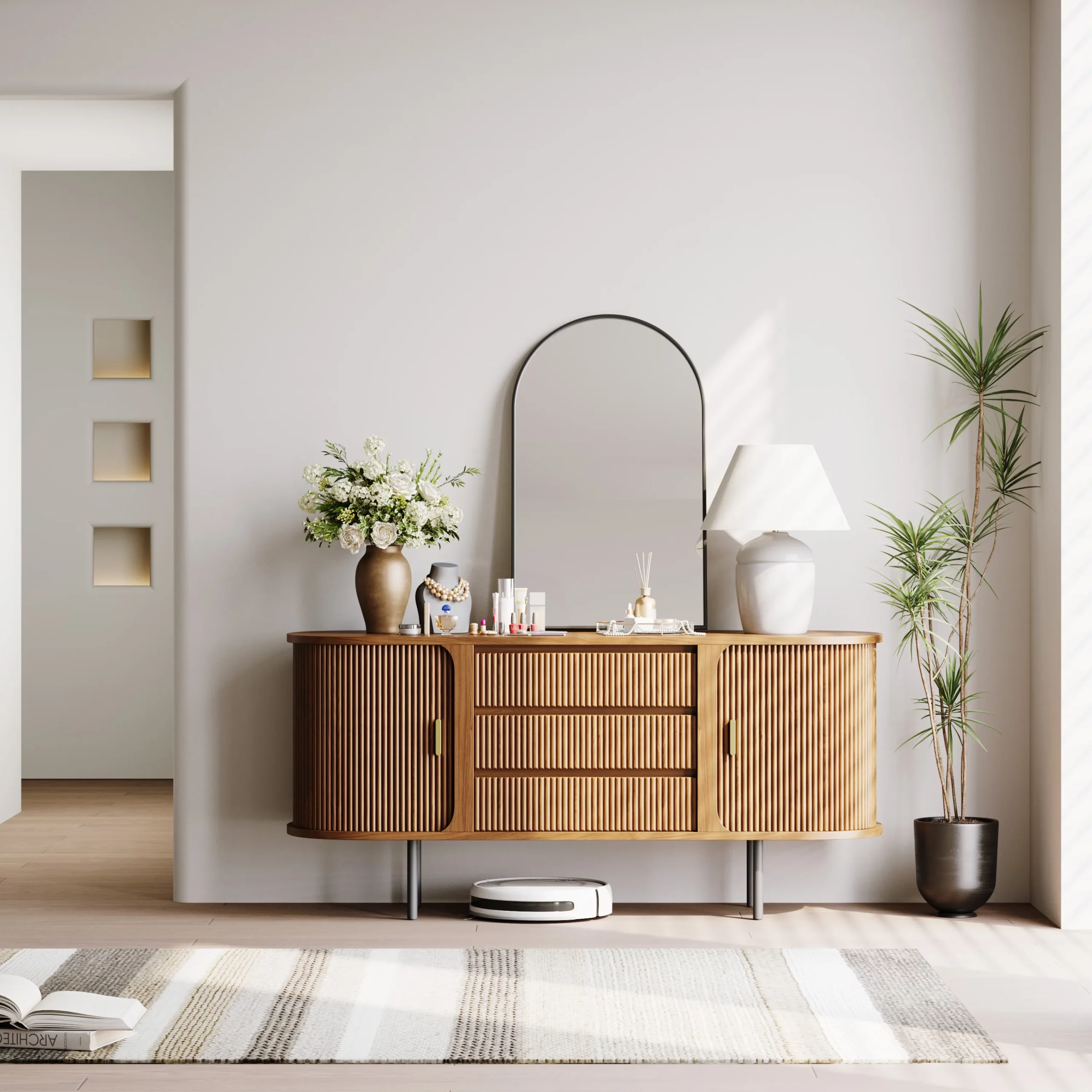 Mid-Century Modern 6-Drawer Dresser with Roller Shutter Door