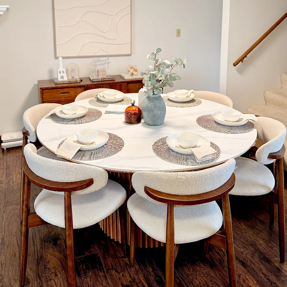 Mid-Century Modern Armless Dining Chairs with white flannel upholstery.