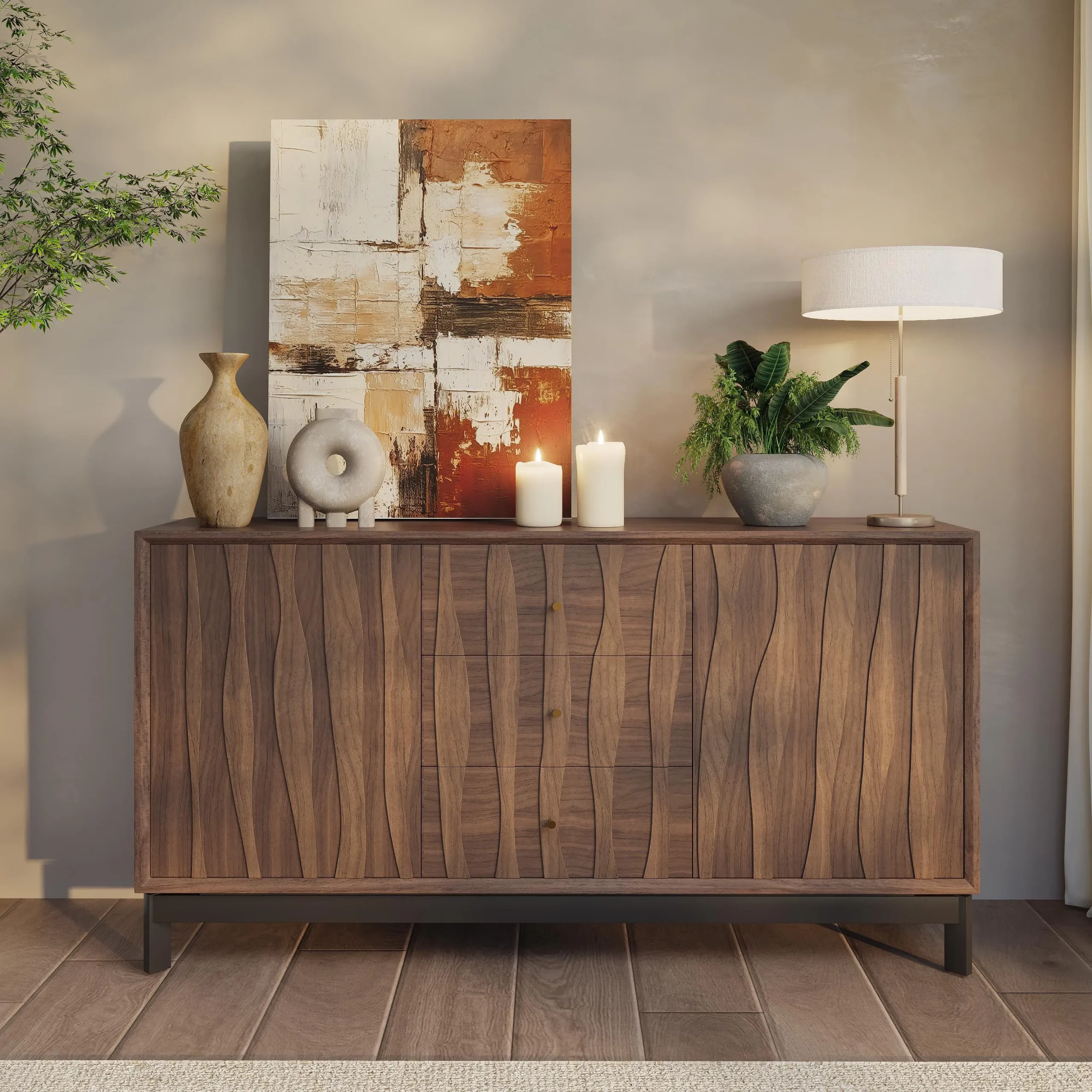 Mid-century modern walnut credenza with carved wave pattern and decorative items on top, set against a soft beige wall.