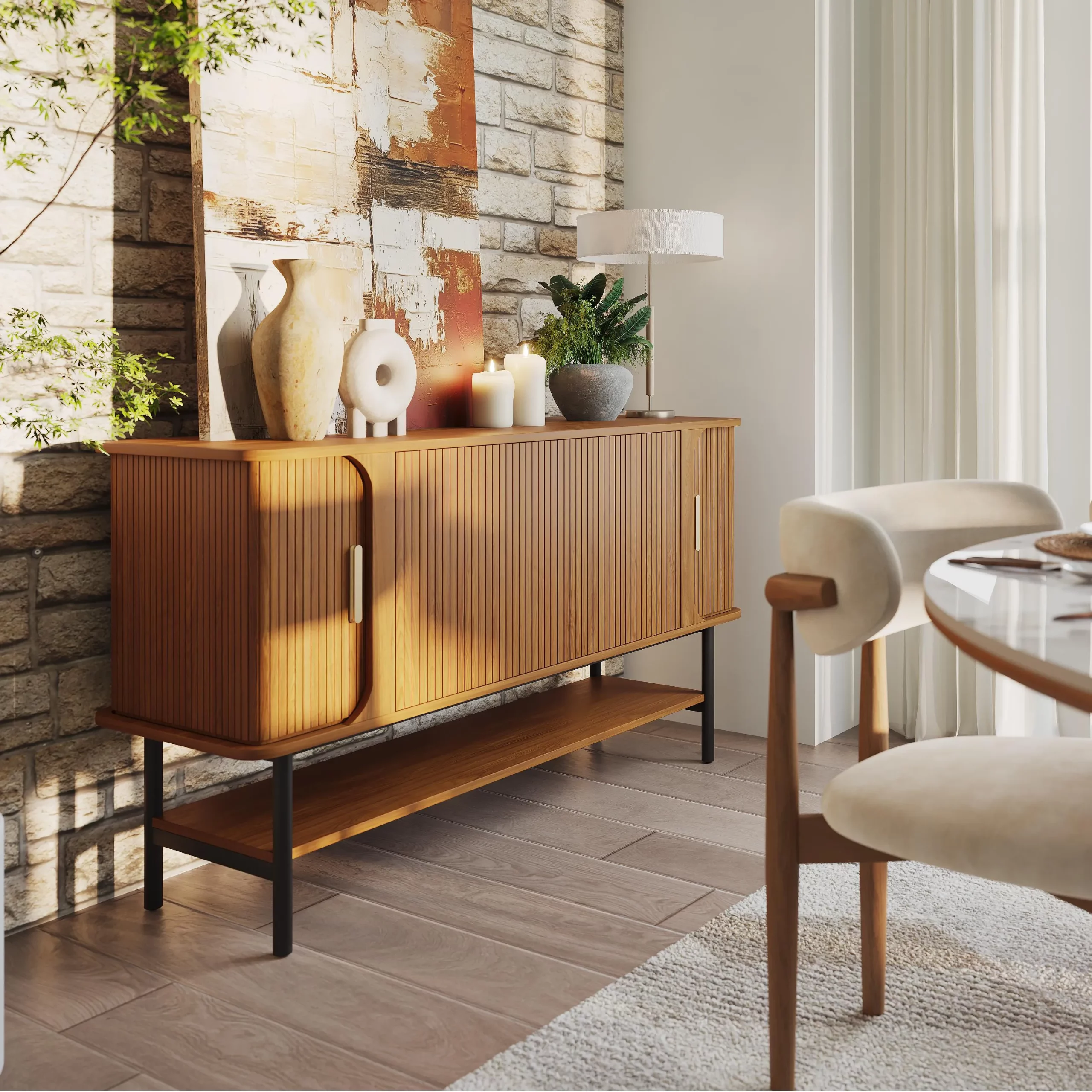 Fluted mid-century modern credenza with open shelf, styled in a bright dining space with textured stone wall and soft natural light.