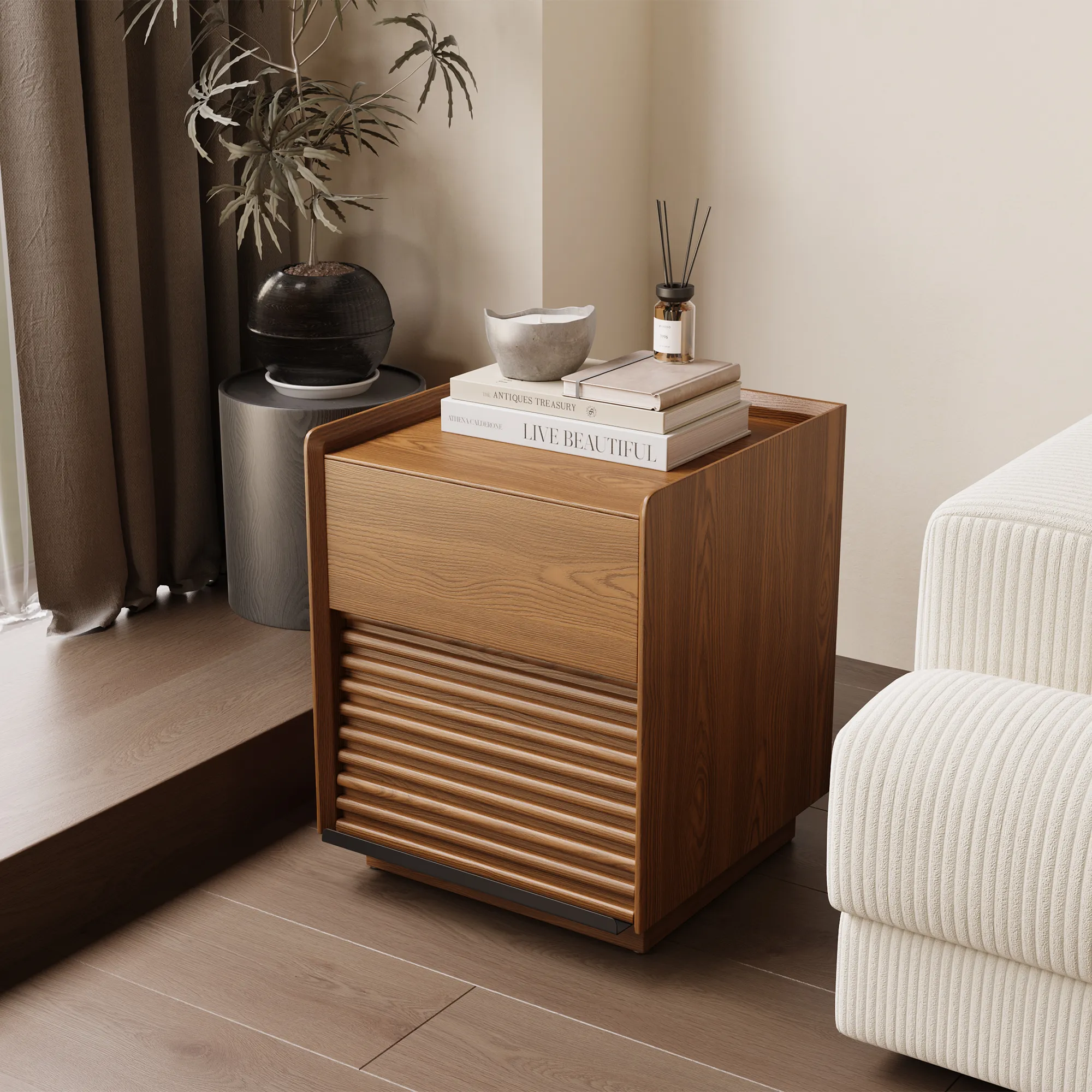 Mid-century modern square side table with grooved drawer and walnut finish