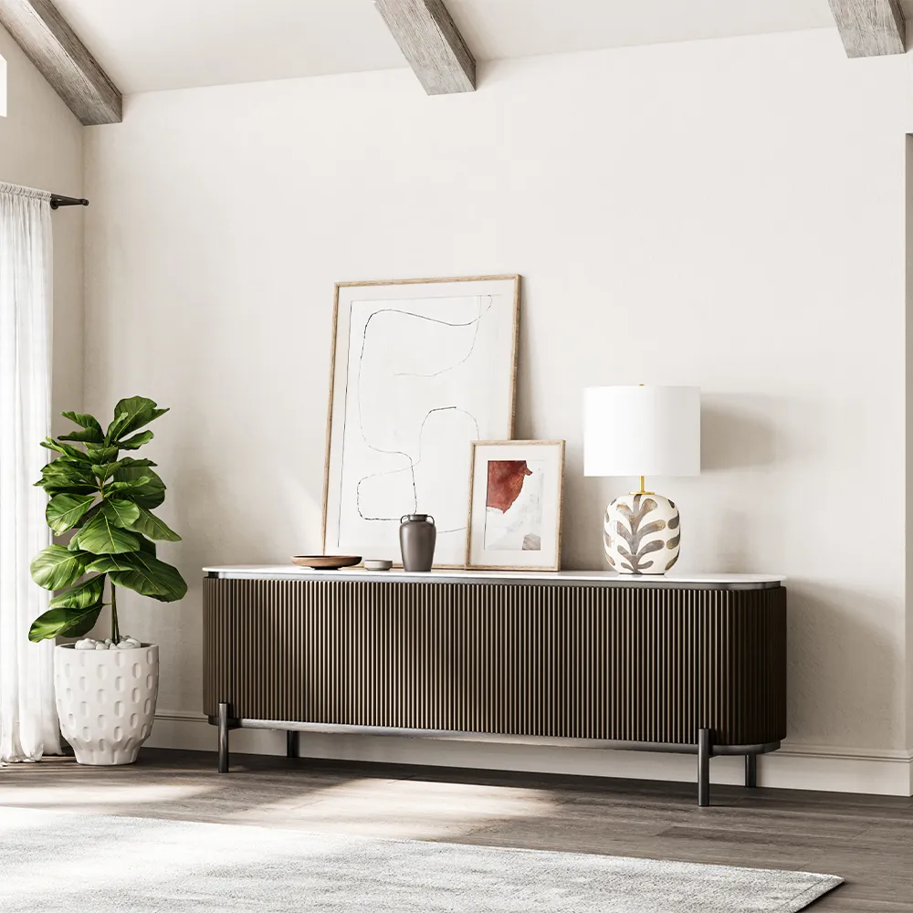 Mid-century modern striped slate TV stand with curved edges and marble top in neutral living space