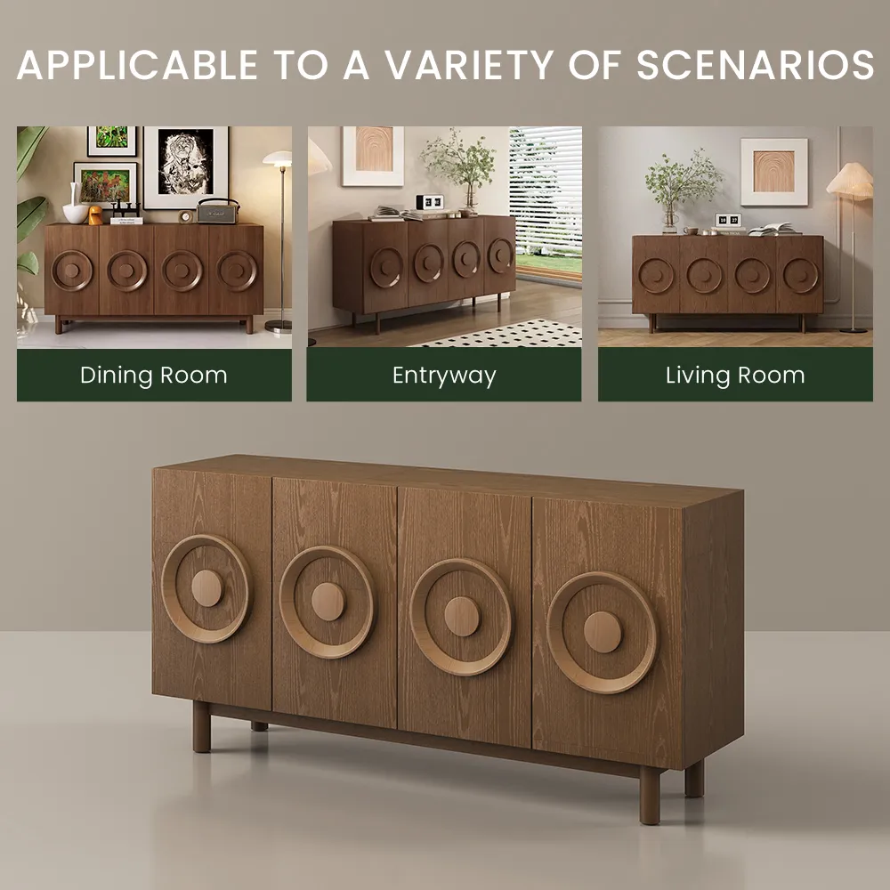 Mid-century modern walnut wood sideboard with circular carved doors, styled for dining room, entryway, and living room use.