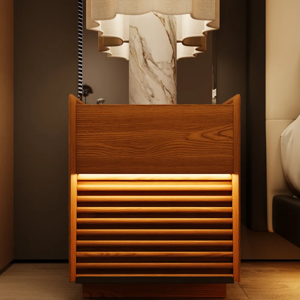 Walnut wood nightstand with horizontal slat design and soft LED lighting at the bottom, placed beside a modern bed