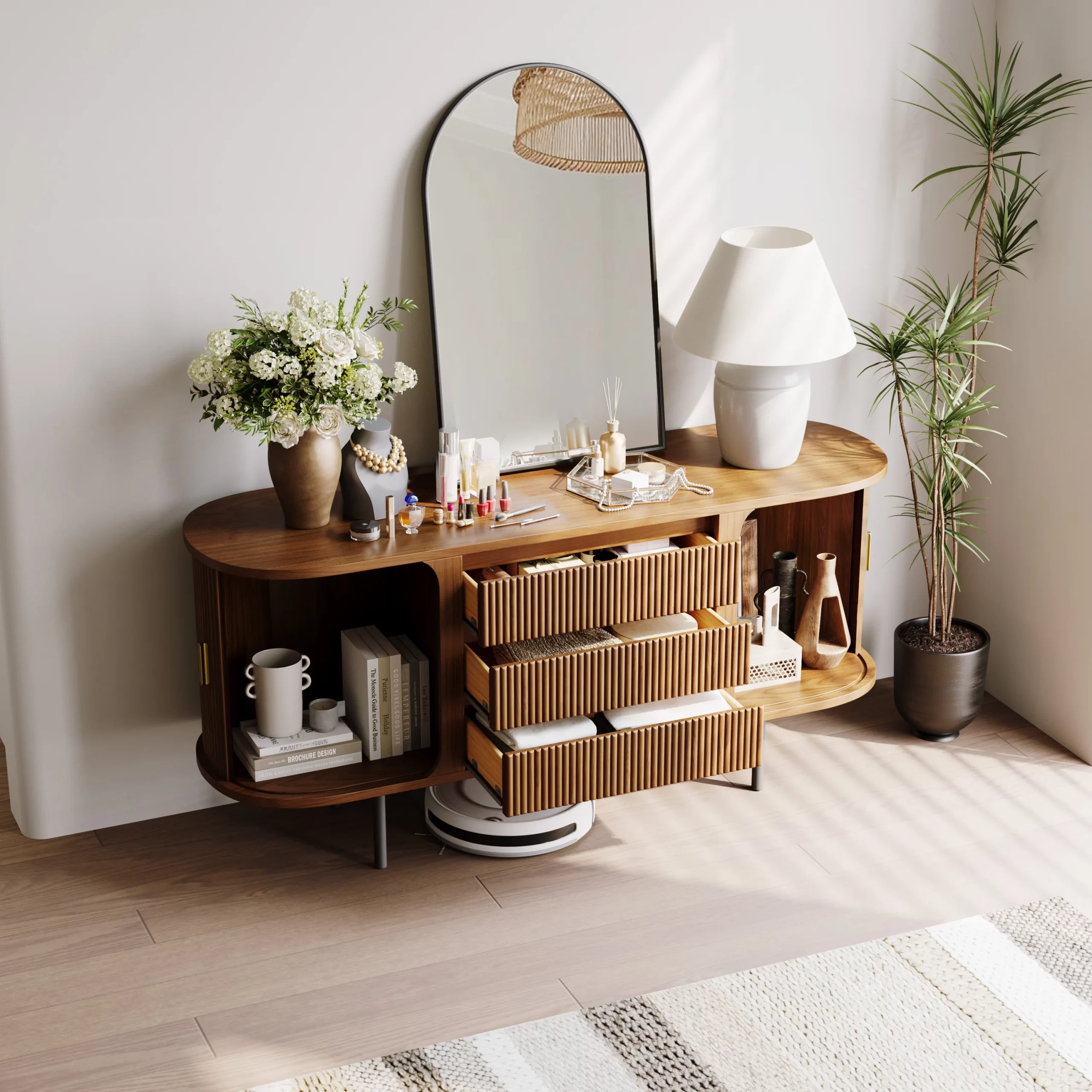 A wide, modern 6-drawer dresser in a clean black finish, featuring a distinctive curved design.