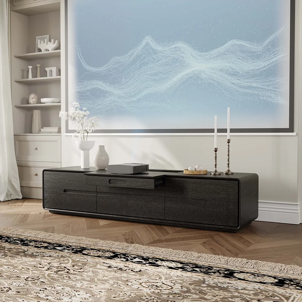 Modern black TV stand for UST projector with soft-close drawers and clean silhouette in neutral living room