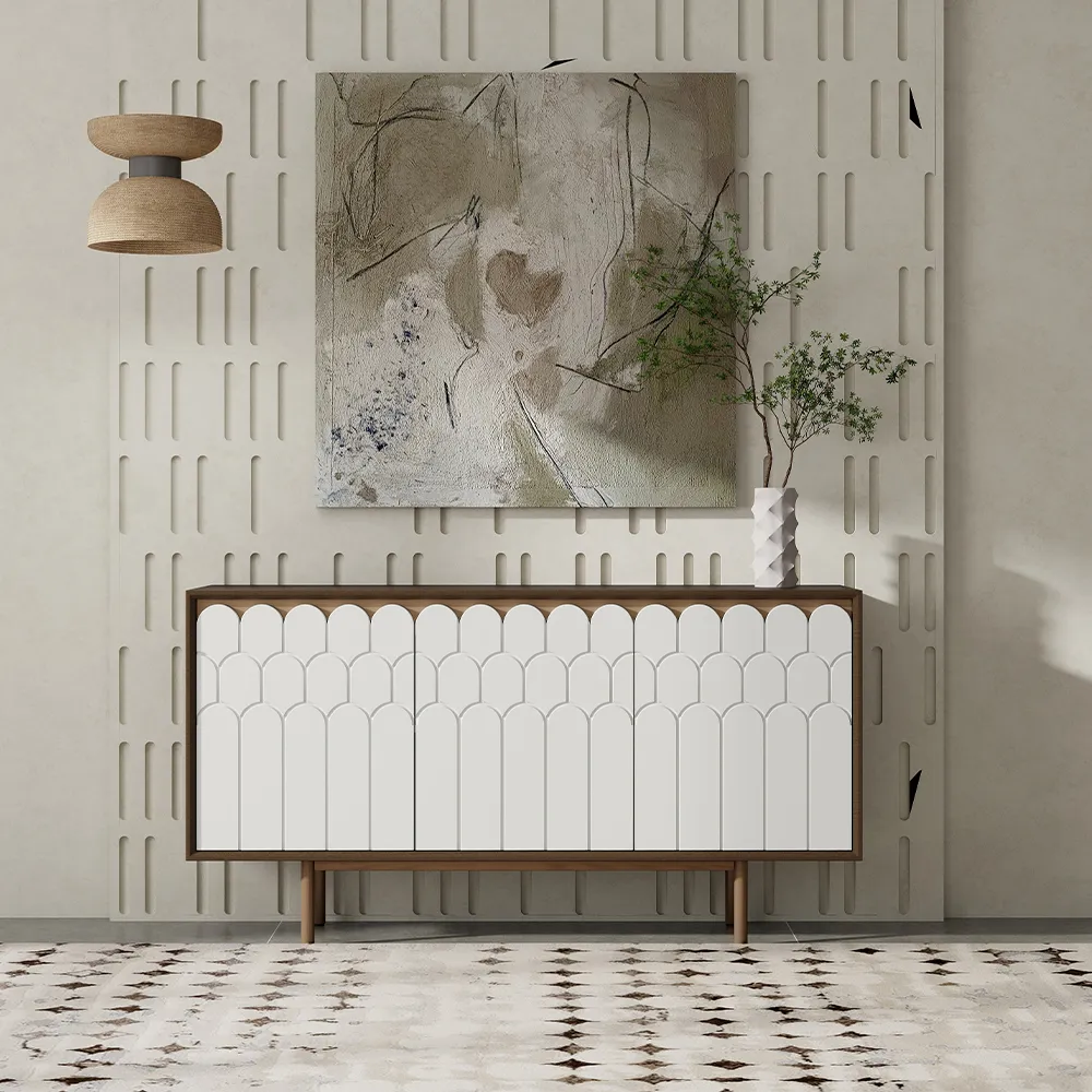 White and walnut mid-century modern credenza with scalloped front panel, styled against a modern abstract art backdrop.