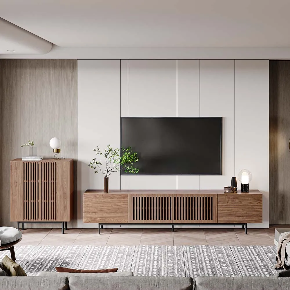 Modern slatted TV stand and side cabinet in walnut wood, mid-century minimalist living room setup