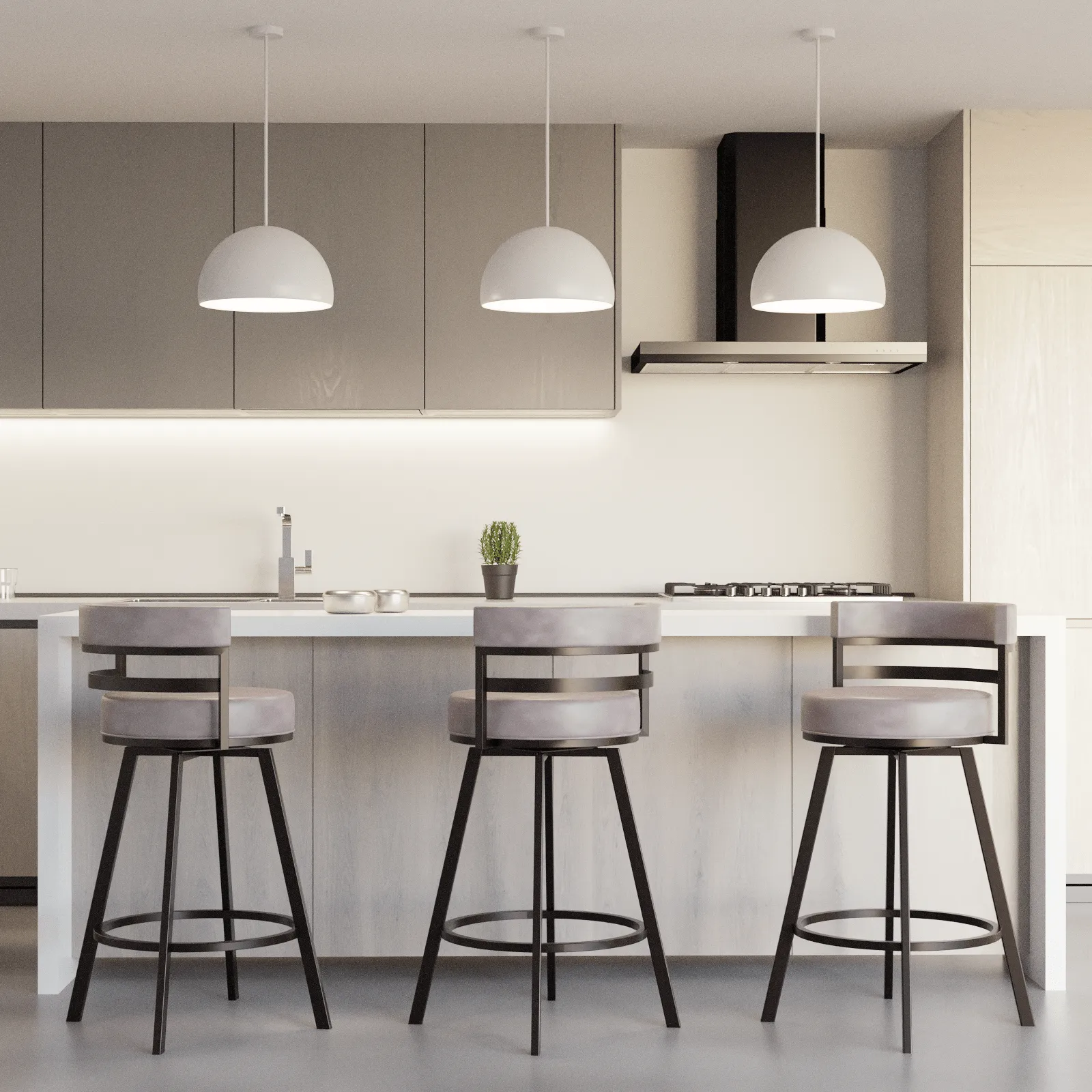  Modern swivel bar stools with gray upholstered seats and black metal legs placed at a white kitchen island