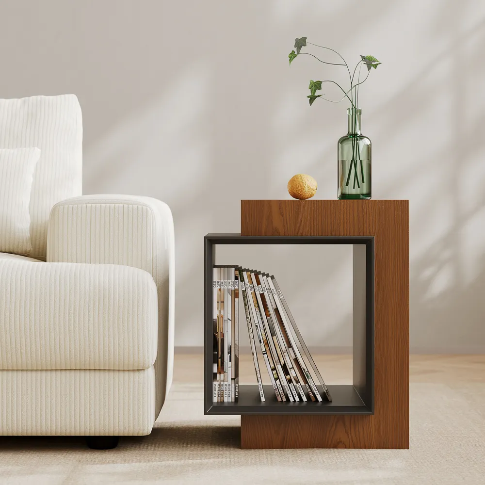 Mid-century modern wood and metal end table with open magazine storage