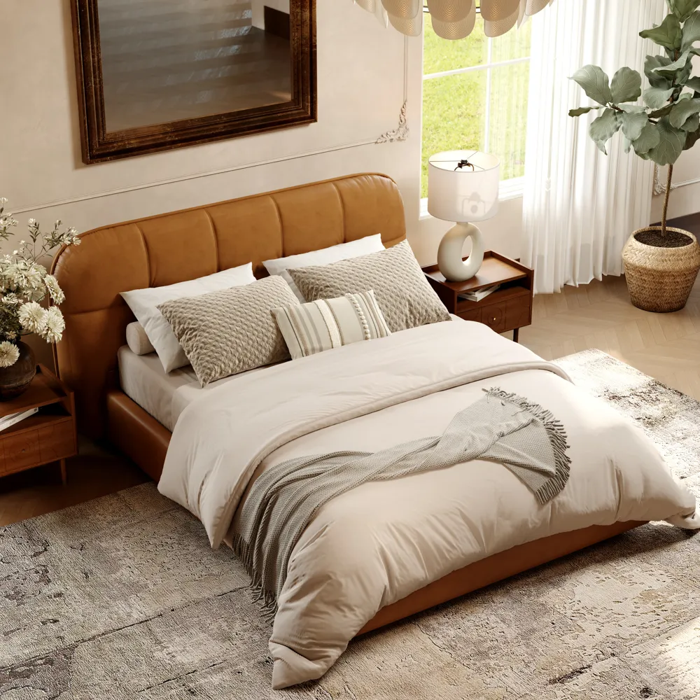  Mid-century style leather upholstered queen bed in a cozy room with vintage mirror and earthy decor