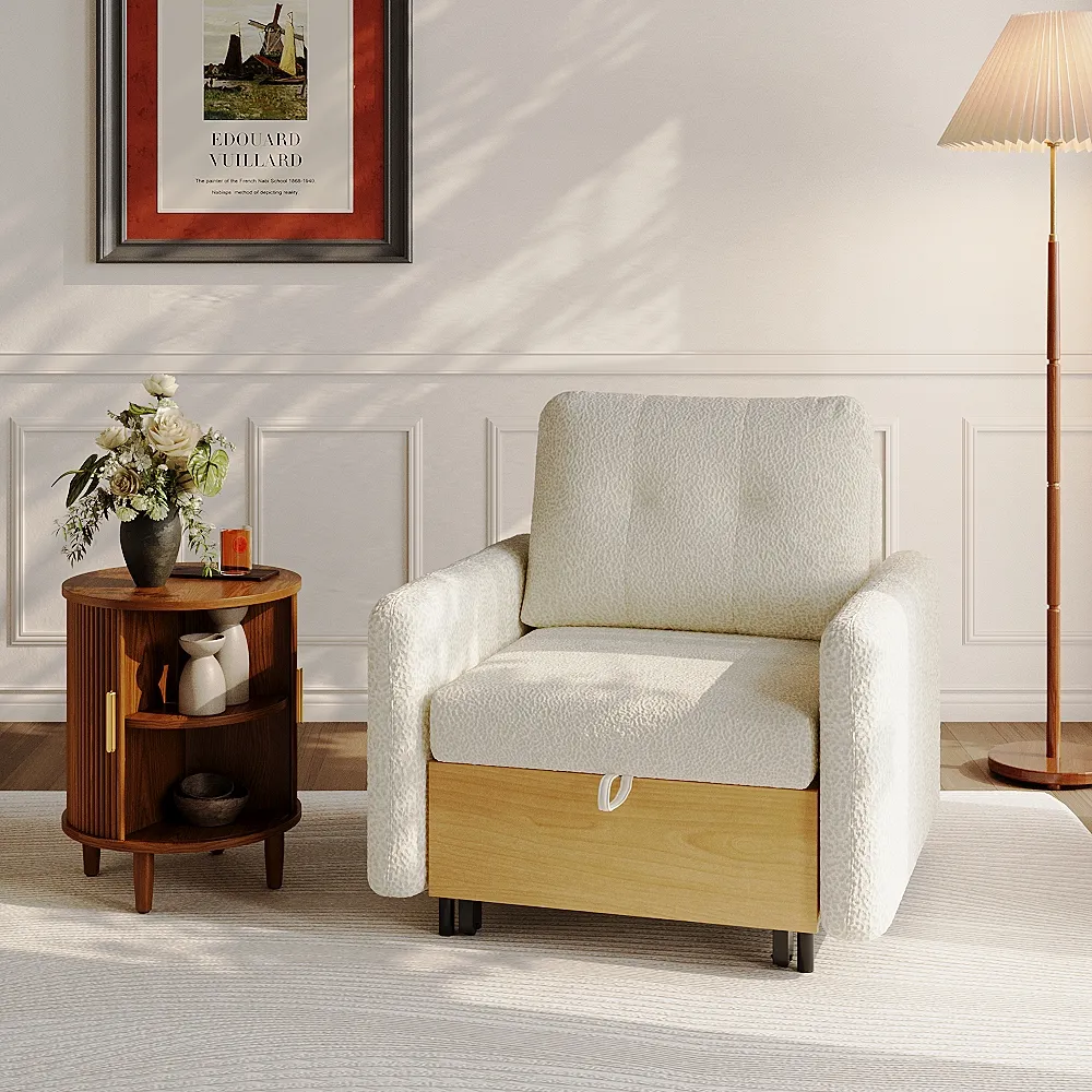 Convertible white velvet sofa bed chair with wood-tone base and compact design, paired with round wooden side table