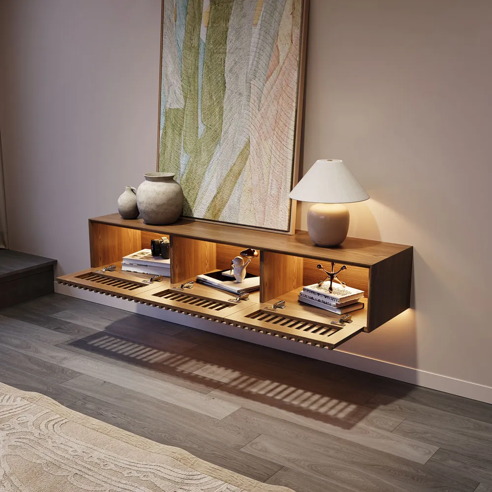 Open view of floating wood TV console with flip-down slatted doors and interior shelves illuminated by LED lights