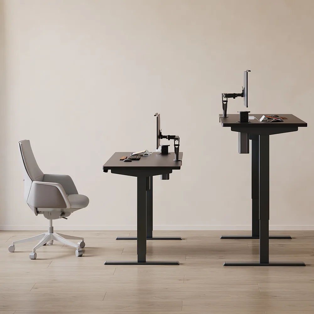 Modern electric standing desk with adjustable height levels and ergonomic office chair in a minimalist workspace