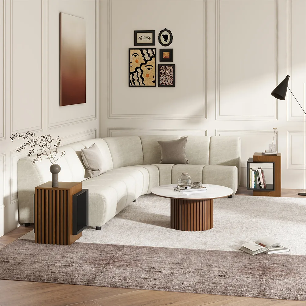 Mid-century modern living room with round coffee table and matching end tables