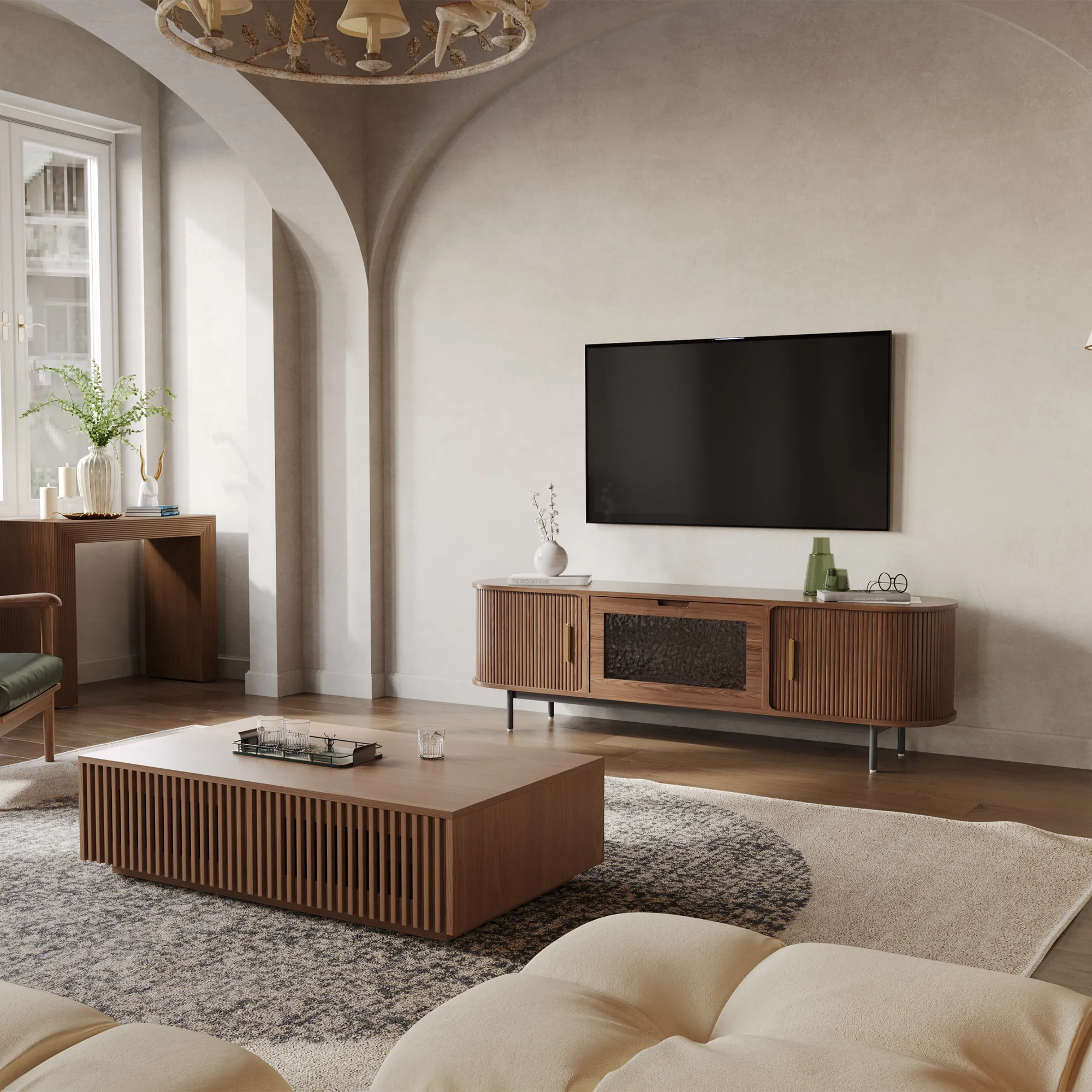 Modern living room with wall-mounted TV and wooden tambour door TV stand with fluted design