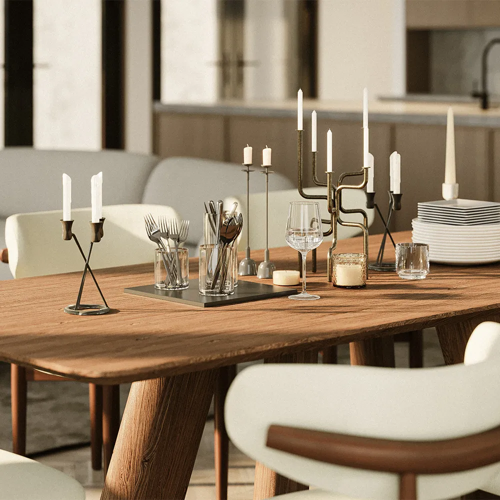 Minimalist mid-century modern dining set with a walnut wood table and thick sculptural legs, paired with ivory padded chairs for a Scandinavian-inspired space.