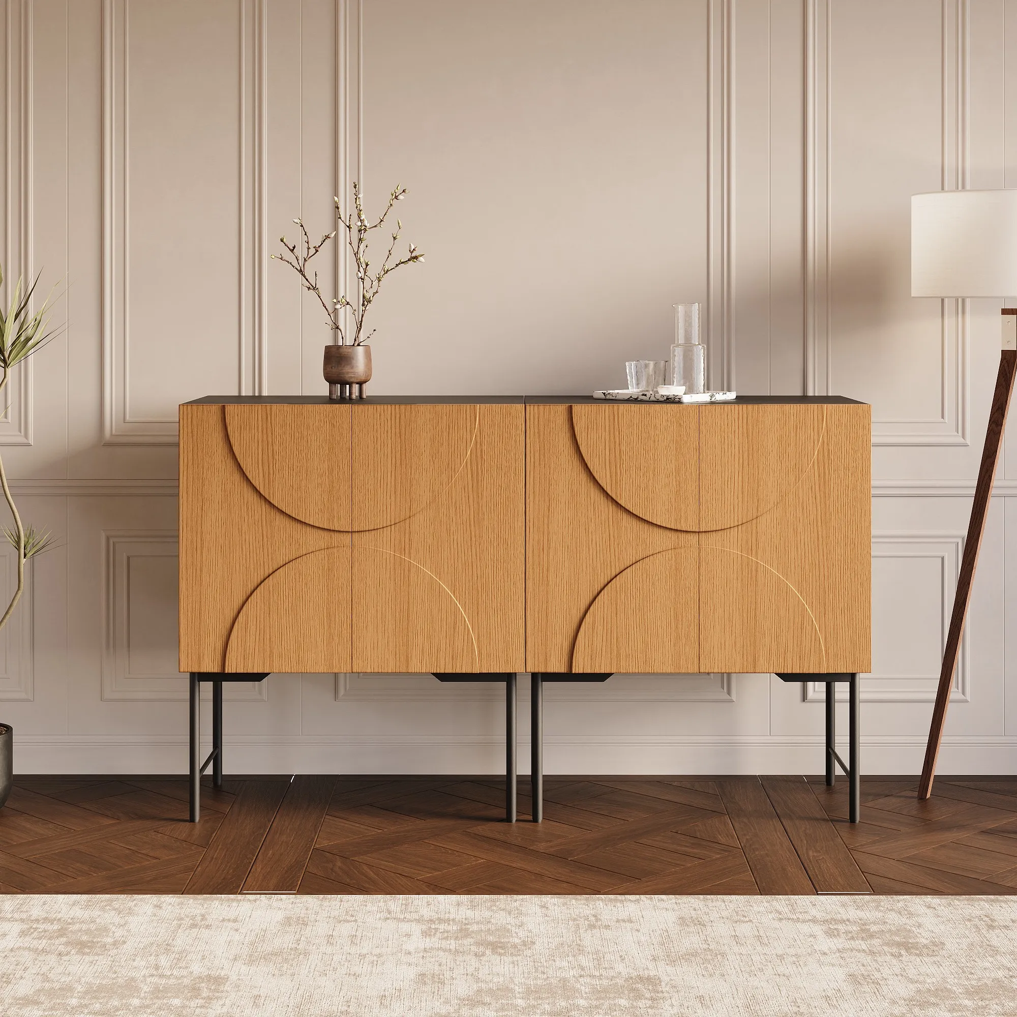 Mid-century modern narrow sideboard with geometric wood pattern and black legs, styled in a neutral living room corner.